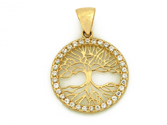 Zawieszka złota ażurowa z drzewkiem szczęścia z zielonymi cyrkoniami