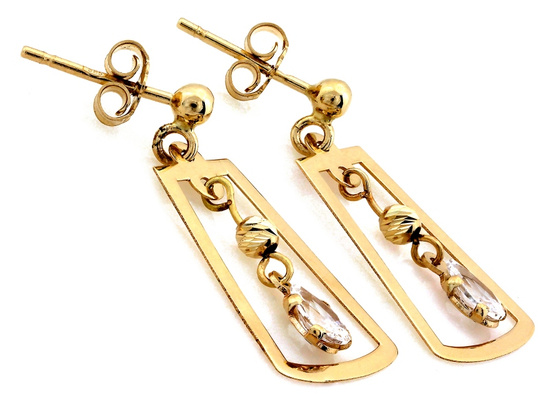 Złote kolczyki wiszące geometryczne z cyrkonią