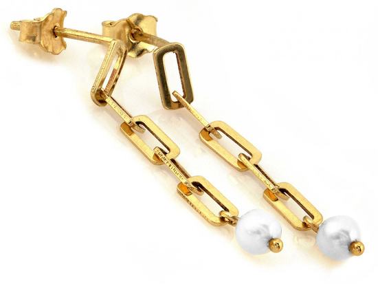 Kolczyki złote wiszące z perłą na sztyfcie