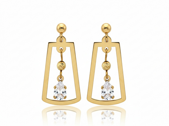 Złote kolczyki wiszące geometryczne z cyrkonią