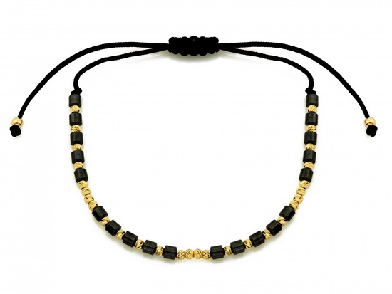 Bransoletka złote kulki i hematyty na czarnym sznurku