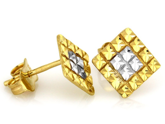 Dwukolorowe złote kolczyki na sztyfcie