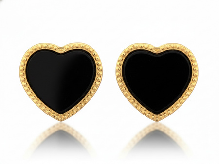 Kolczyki złote serca na sztyfcie z czarnym kamieniem syntetycznym
