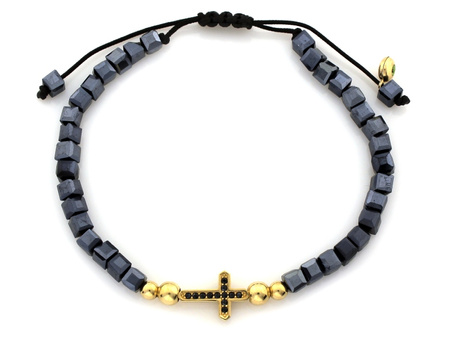 Bransoletka złota krzyżyk z cyrkoniami i kostki z hematytu na sznurku