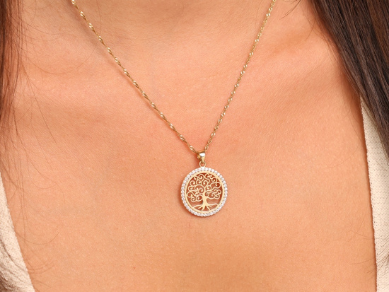 Drzewko szczęścia złota zawieszka dwukolorowa z cyrkoniami