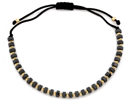 Bransoletka złote kulki i hematyty na czarnym sznurku