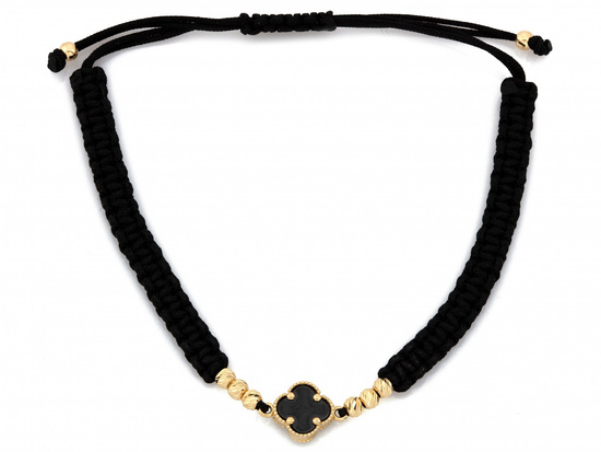 Bransoletka złota modny kwiatek i złote kulki na czarnym sznurku