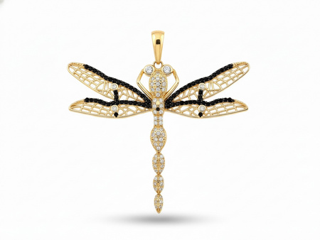 Duża złota ważka zawieszka z cyrkoniami z czarnymi dodatkami