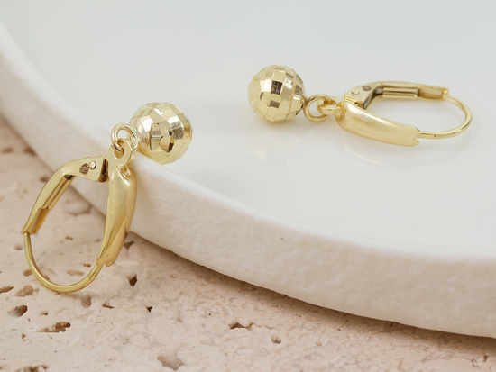 Kolczyki złote angielskie wiszące z błyszczącą kulką