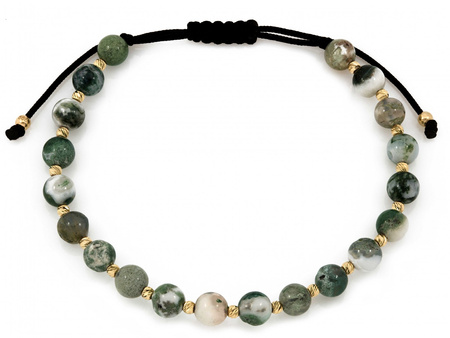 Bransoletka złote  kulki i zielone kamienie na czarnym sznurku