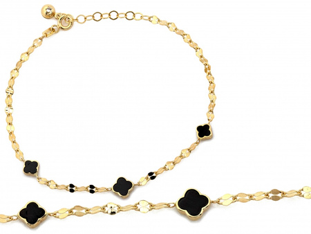Bransoletka złota trzy czarne kwiatki koniczynki