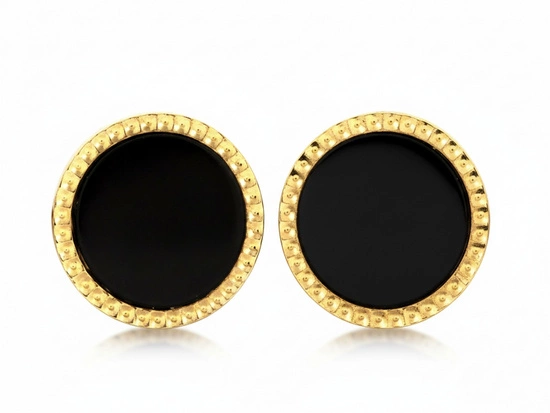 Złote kolczyki okrągłe na sztyfcie z czarnym kamieniem