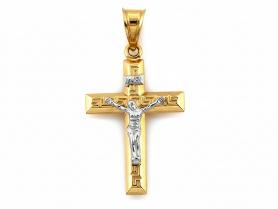 Złota zawieszka duży krzyżyk z białą pasyjką
