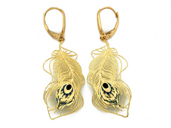 Kolczyki złote pawie pióra duże wiszące z emalią