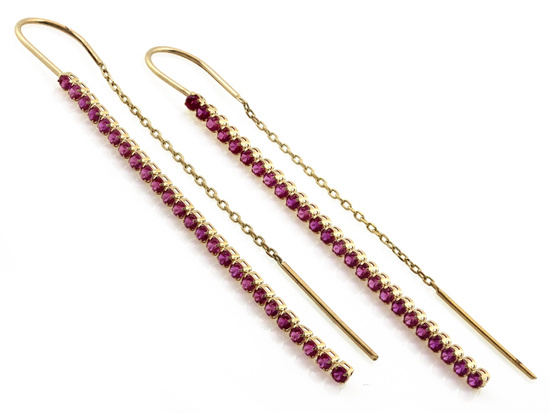 Kolczyki złote długie wiszące z czerwonymi cyrkoniami