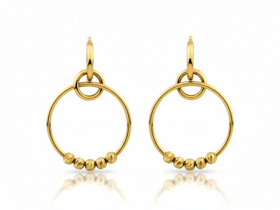 Kolczyki złote wiszące kółka z kuleczkami na sztyfcie