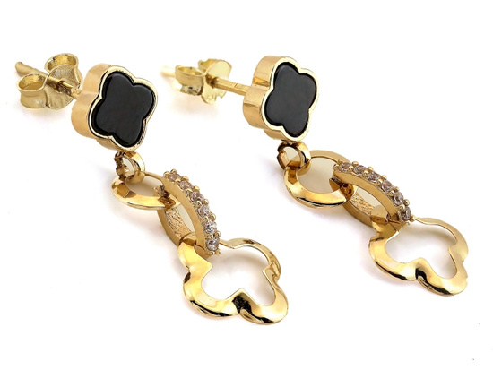 Kolczyki złote modne wiszące na sztyfcie z czarnym kwiatkiem