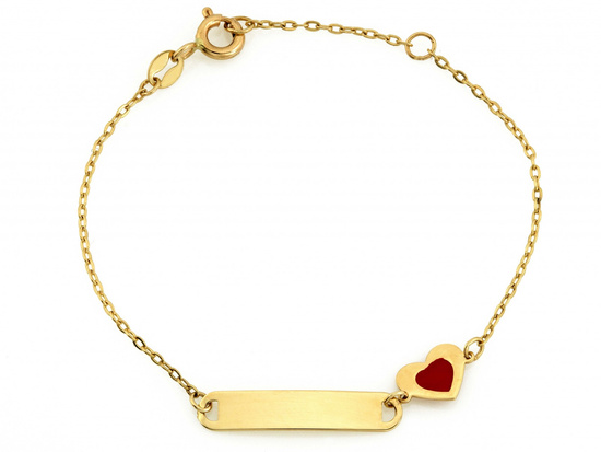 Złota bransoletka dla dziecka z czerwonym emaliowanym sercem