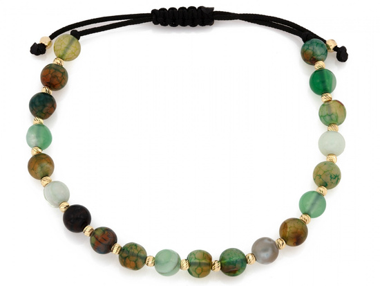 Bransoletka złote kulki i kolorowe kamienie na czarnym sznurku