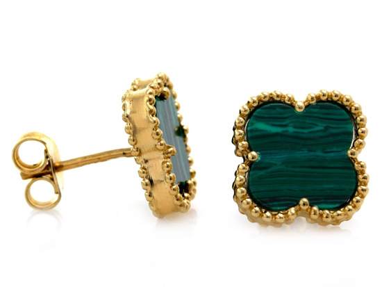 Złote kolczyki na sztyfcie kwiatek z malachitem