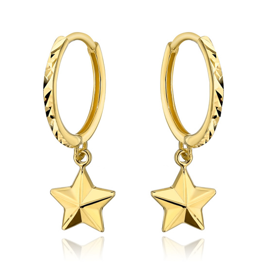 Złote kolczyki 585 diamentowane kółeczka z gwiazdkami