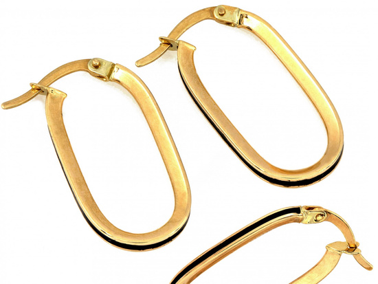 Kolczyki złote modne owalne nowoczesne angielskie z czarną emalią