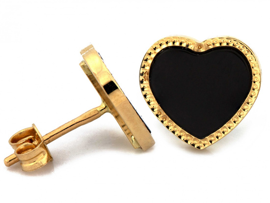 Kolczyki złote serca na sztyfcie z czarnym kamieniem syntetycznym