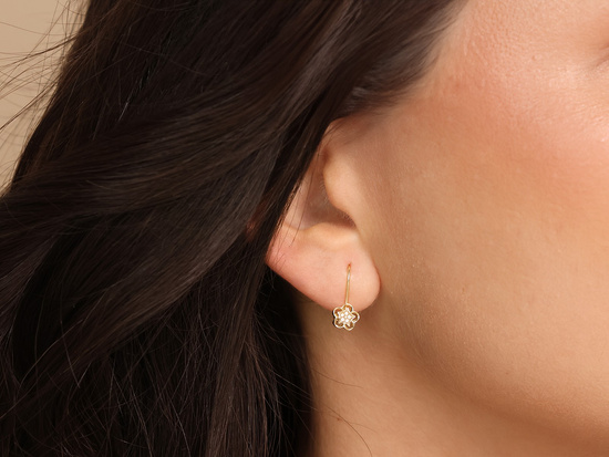 Kolczyki złote na biglu z kwiatkiem z cykroniami