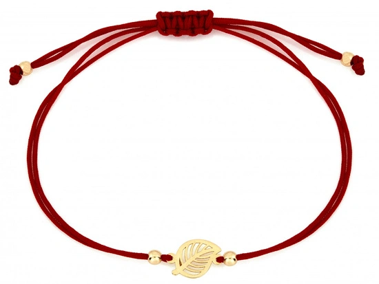 Bransoletka złota czerwona sznurkowa z ażurowym liściem