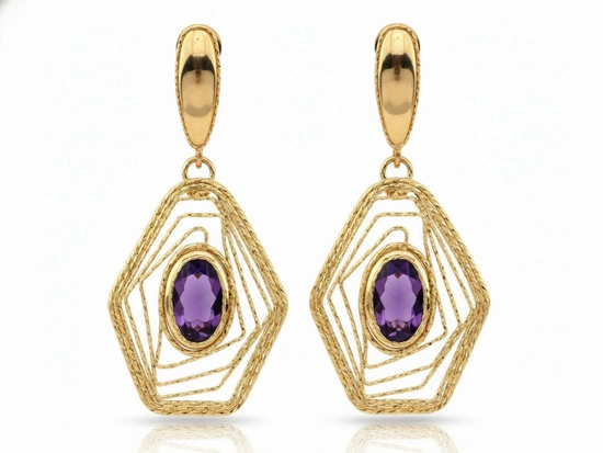 Kolczyki złote duże wiszące ażurowe z ametystem
