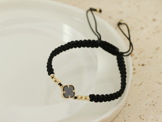 Bransoletka złota modny kwiatek i złote kulki na czarnym sznurku