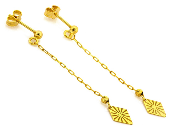 Kolczyki złote wiszące długie z małymi rombami