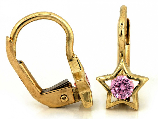 Złote kolczyki angielskie gwiazdka z różową cyrkonią