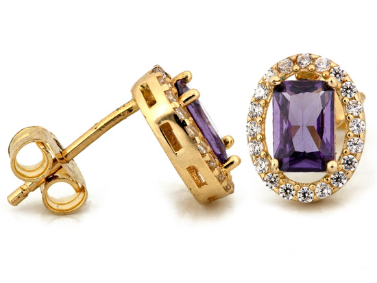 Kolczyki złote markiza z fioletowym oczkiem na sztyfcie