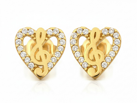 Kolczyki złote serce z kluczem wiolinowym z cyrkoniami na sztyfcie