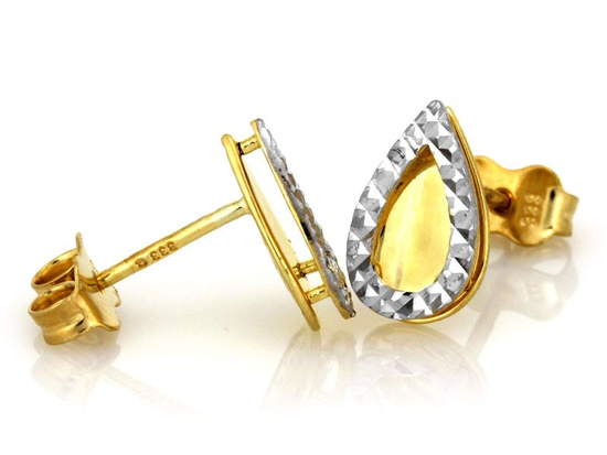 Kolczyki złote sztyft łezki z białym złotem diamentowane