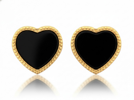 Kolczyki złote serca na sztyfcie z czarnym kamieniem syntetycznym