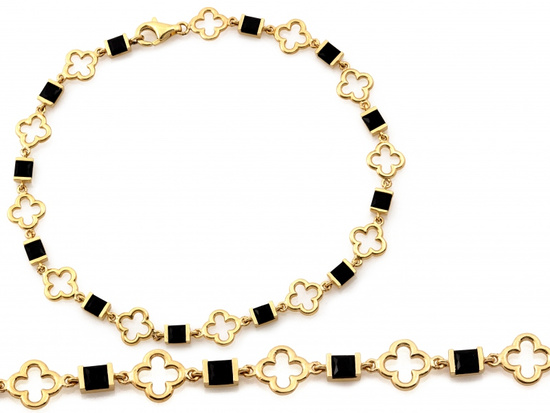 Bransoletka złota modny motyw kwiatek koniczynka czarne kamienie