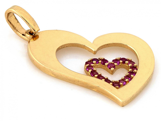 Zawieszka złota z dwóch serc z czerwonymi cyrkoniami