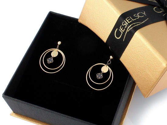 Kolczyki złote wiszące z czarnym kwiatkiem