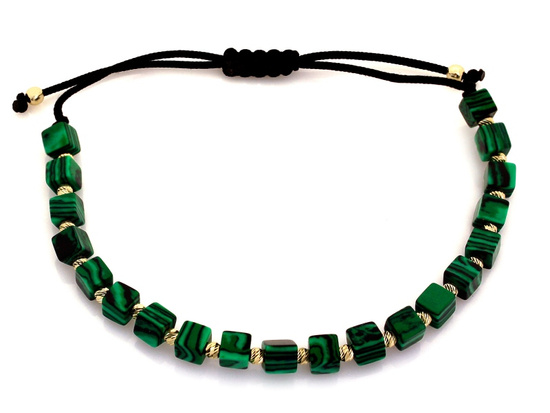 Bransoletka złota kulki i kostki z malachitów na czarnym sznurku