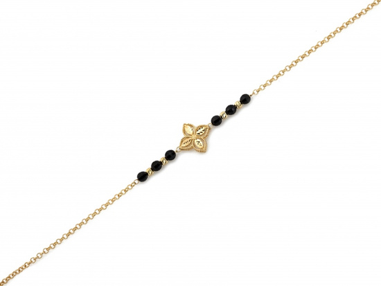 Bransoletka złota z onyksami z modnym kwiatkiem