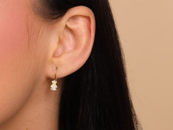 Kolczyki złote z misiem na biglu dla dziewczynki