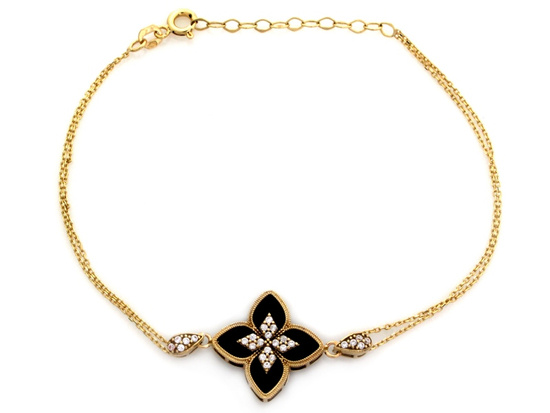 Złota bransoletka podwójny łańcuszek kwiatek z cyrkoniami i onyksami