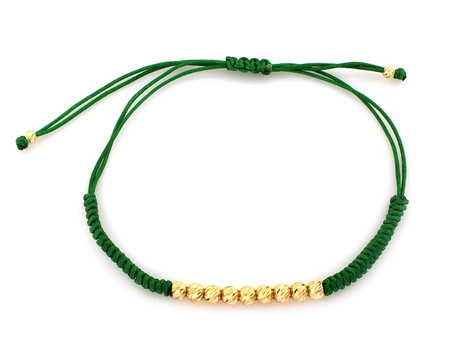 Bransoletka złota frezowane kulki na zielonym sznurku