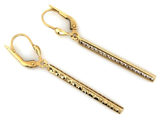 Kolczyki złote długie wiszące sztywne  z cyrkoniami