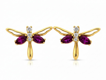 Kolczyki złote ważki na sztyfcie z czerwonymi kamieniami