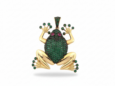 Zawieszka złota żaba z zielonymi i czarnymi kamieniami