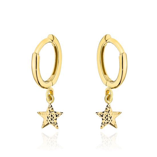 Złote kolczyki 585 kółeczka z diamentowanymi gwiazdkami