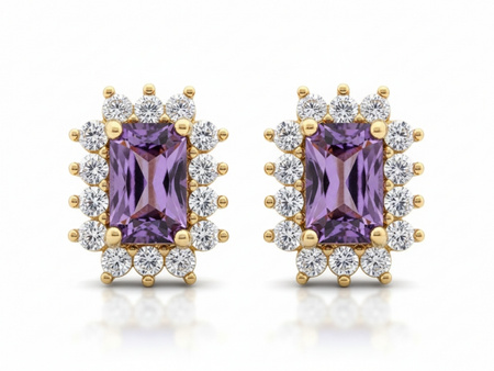 Kolczyki złote prostokątne na sztyfcie z ametystem syntetycznym